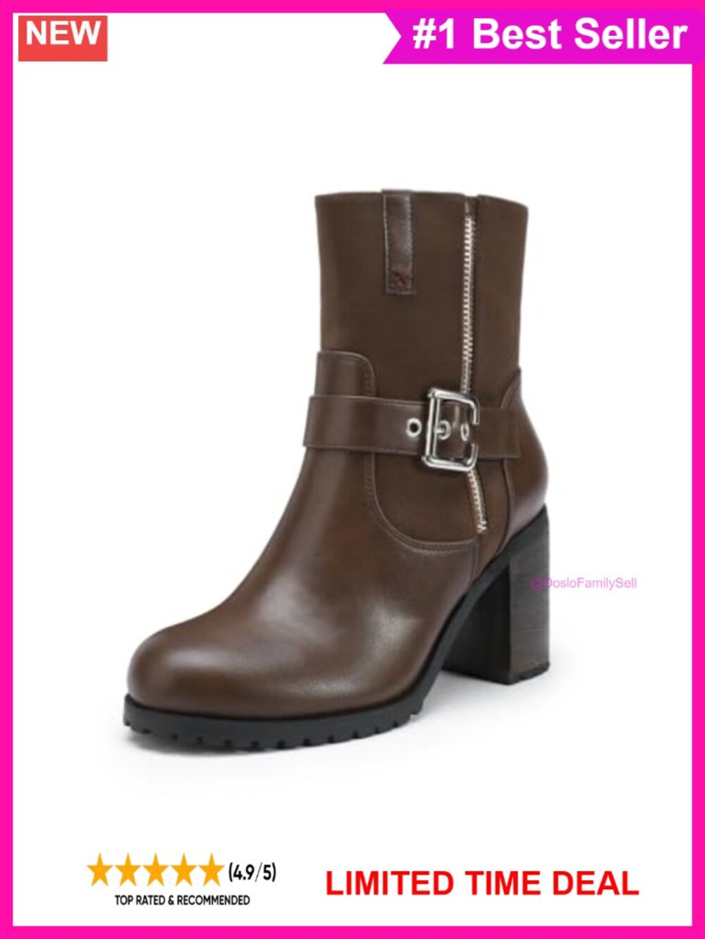 Women's Round Toe Chunky Block Heel Ankle Booties Side Zip Buckle